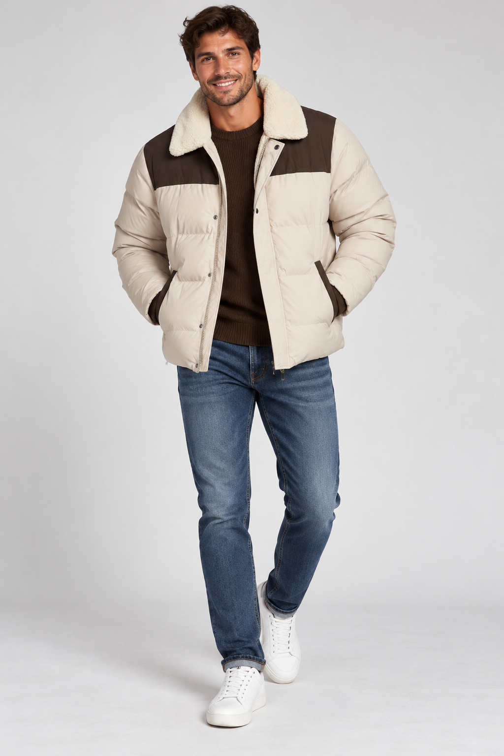 Blouson homme matelassé marron de la marque NO AGE, veste chaude et stylée, vue de face.
